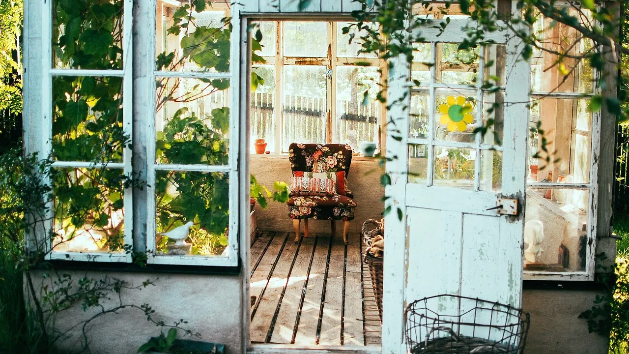 Porte vitrée ouverte sur une véranda, un fauteuil et des plantes au fond.