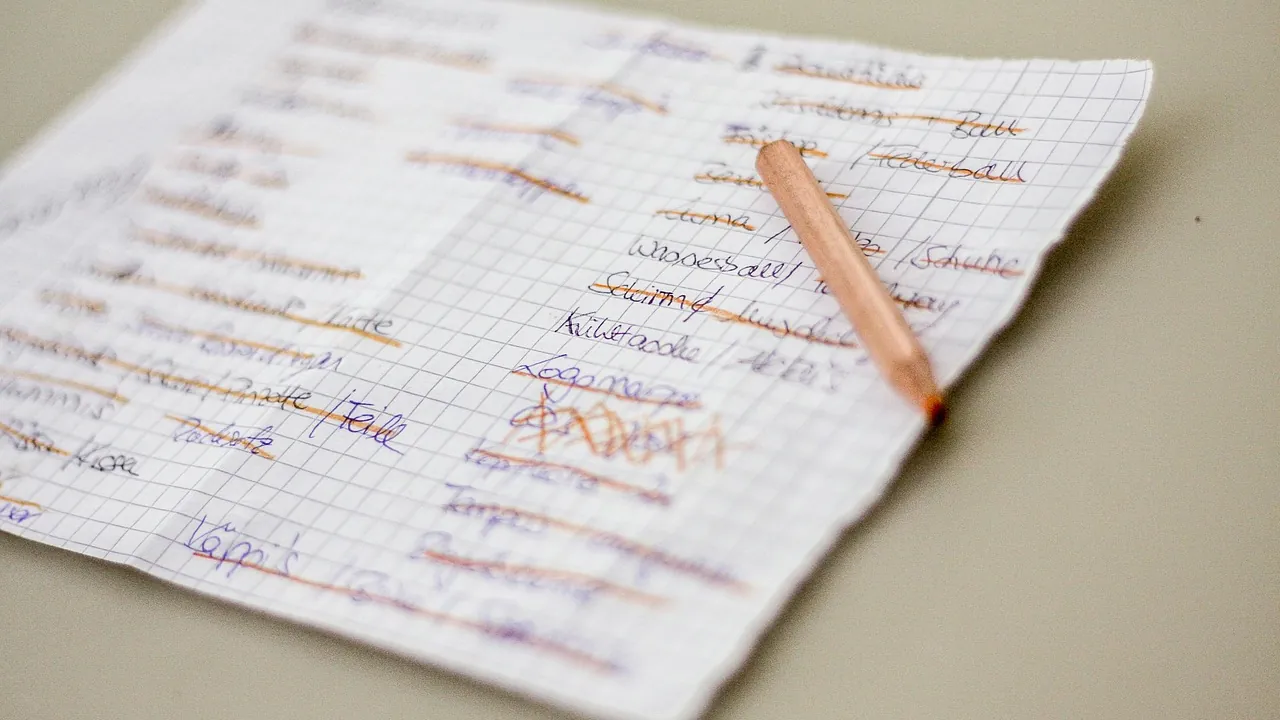 Liste manuscrite annotée au crayon sur une feuille de papier quadrillé.