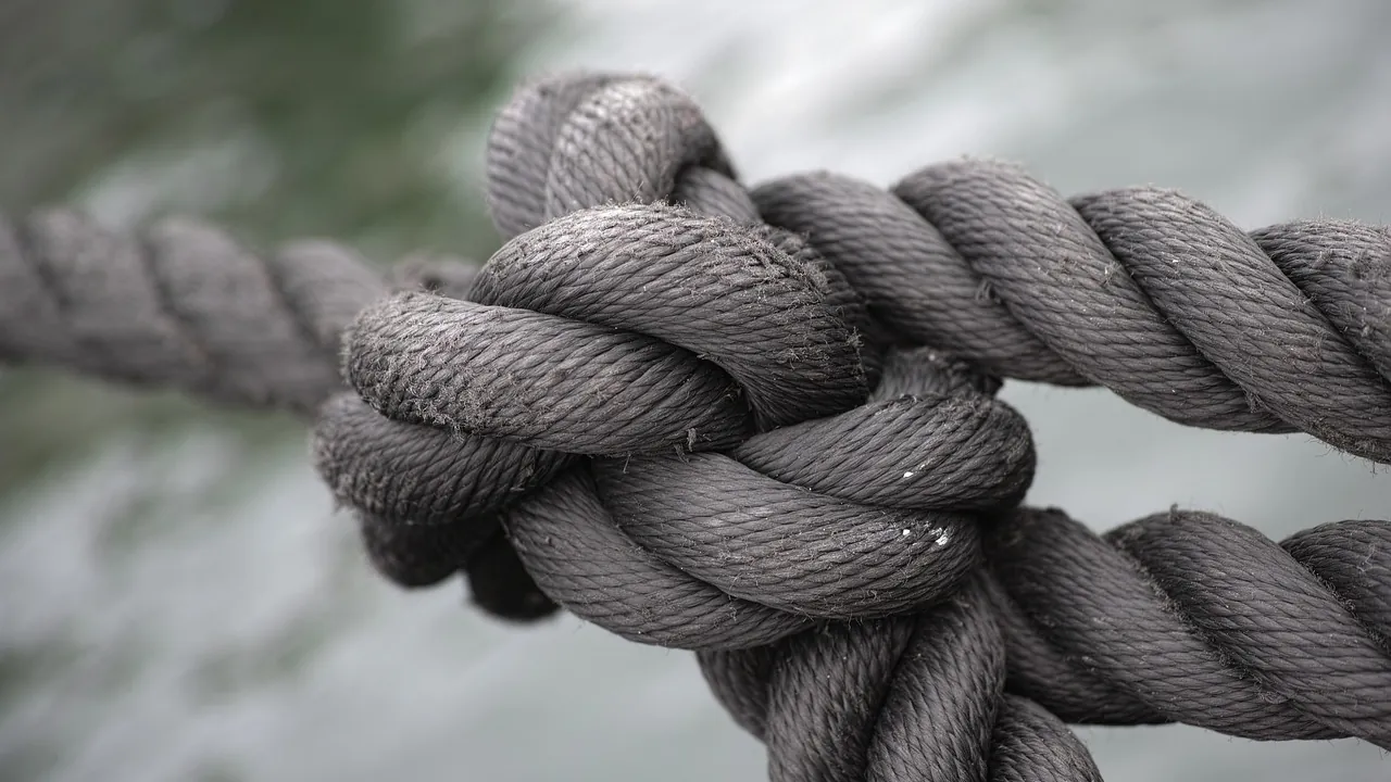 Deux gros cordages réunis par un nœud, sur un fond gris uni.