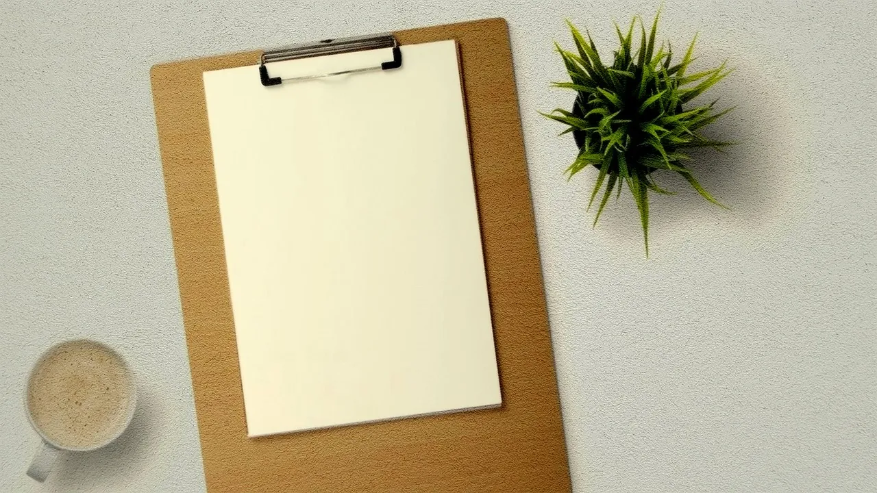 Porte-bloc vide posé sur un bureau clair, à côté d’une tasse et d’une plante.