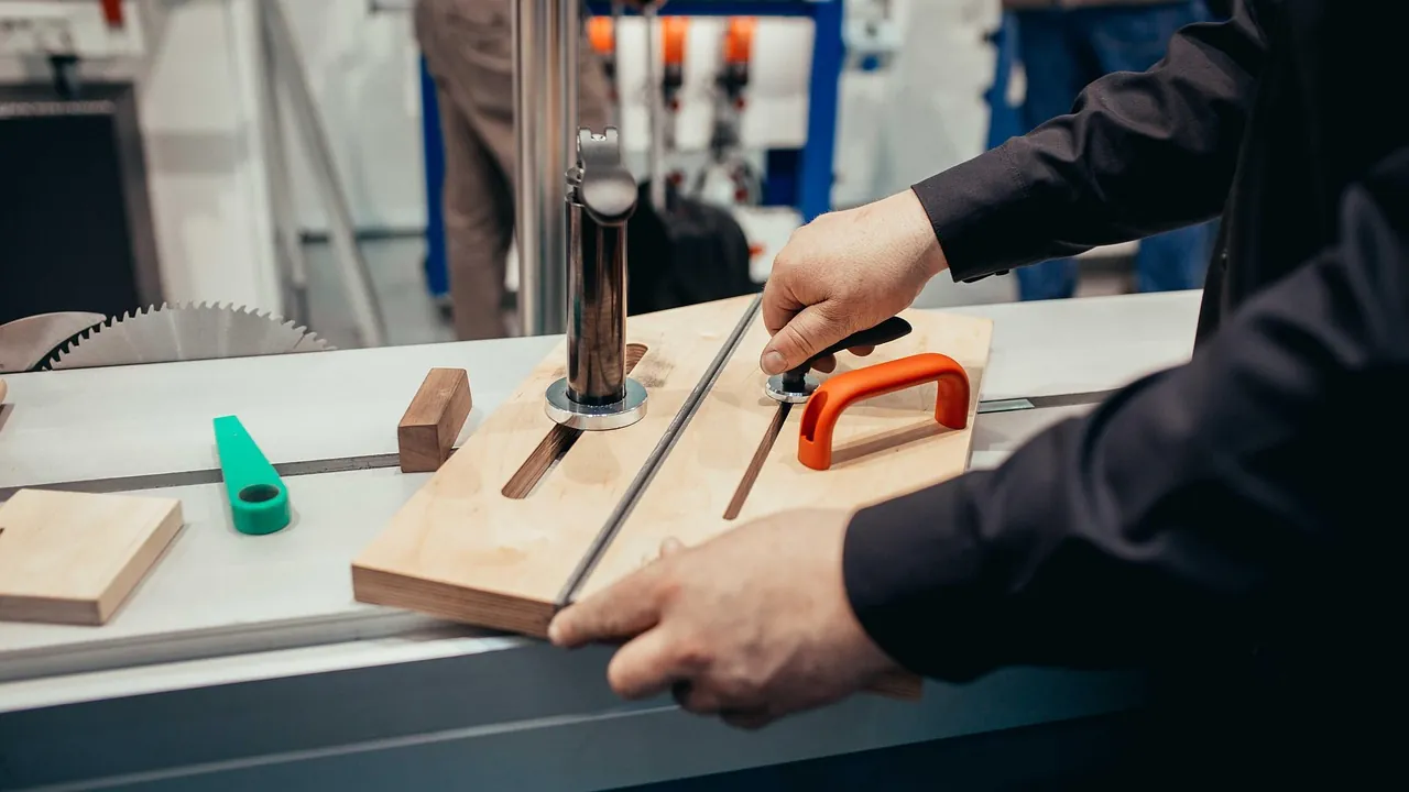 Mains guidant une pièce de bois sur la table d’une machine d’atelier.