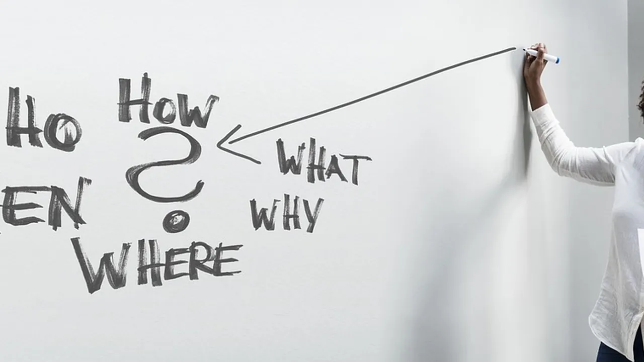 Questions « how, what, why, when, where » tracées au feutre sur un tableau blanc.